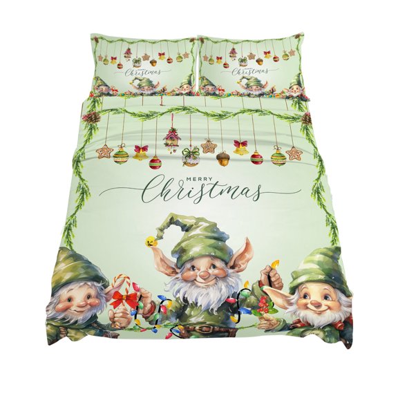 King Size Fitted Sheet Set,Winter Green Elf Deep Pocket Bed Sheet Fits Mattress Up to 16",Soft Bottom Sheets with Pillowcases and Flat Sheet,Christmas Bell Star Pinecone Ball Ornament for Bedroom