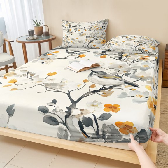 King Size Fitted Sheet Set - Yellow Grey Botanical 3 Piece Bedding Sets 16" Deep Pocket Fitted Sheet with 2 Pillowcases, Spring Floral Birds Vintage Brushed Microfiber Hotel Luxury Bed Sheets