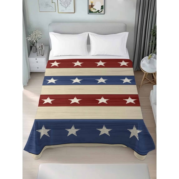 Queen Size Flat Sheet Only, 4th of July Soft Brushed Microfiber Bed Sheets, Blue Red Star Striped Independence Day Hotel Quality Breathable Bedding Top Sheet, Easy Care, 90"x102"