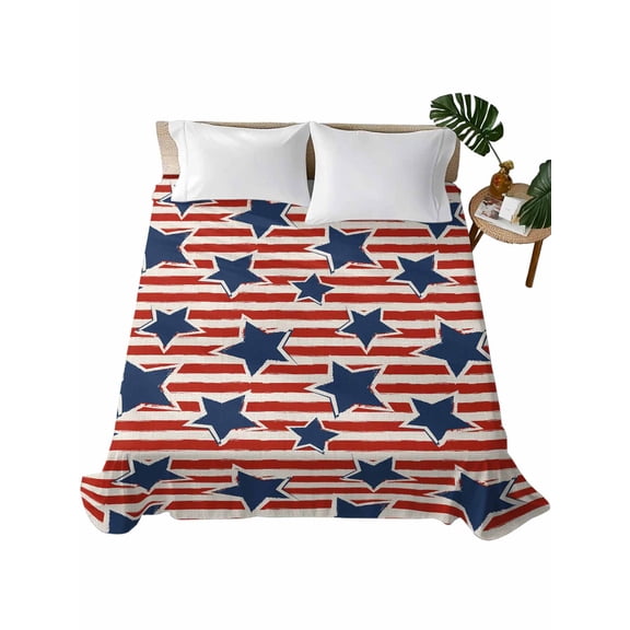 Queen Size Flat Sheet Only, 4th of July Soft Brushed Microfiber Bed Sheets, Independence Day Blue Star Red Striped Rustic Hotel Quality Breathable Bedding Top Sheet, Easy Care, 90"x102"