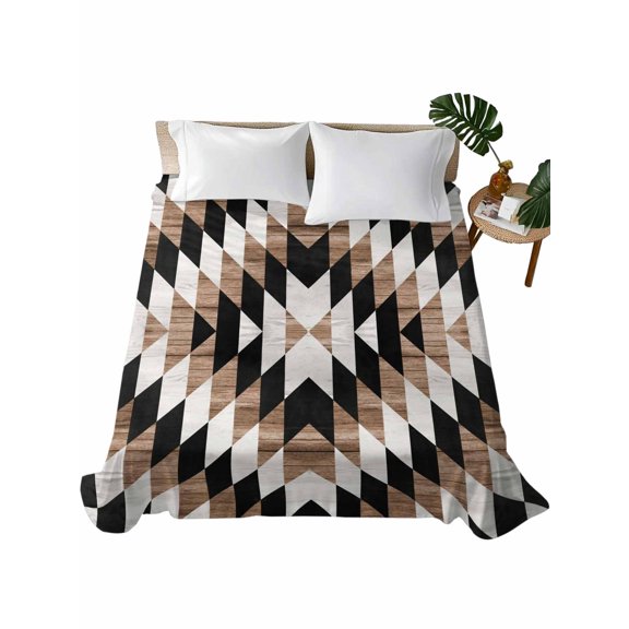 King Size Flat Sheet Only, Abstract Aztec Soft Brushed Microfiber Bed Sheets, Brown Geometric Farmhouse Southwestern Hotel Quality Breathable Bedding Top Sheet, Easy Care, 90"x102"