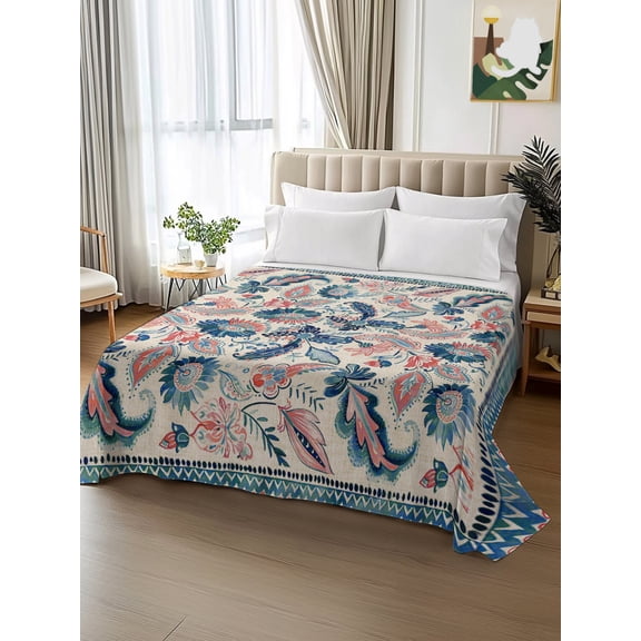 King Size Flat Sheet Only,Abstract Paisley Flower Leaves Texture Soft Top Bed Sheets Breathable Bedding Sheet Seamless Retro Floral Art Microfiber Hotel Luxury Top Sheets
