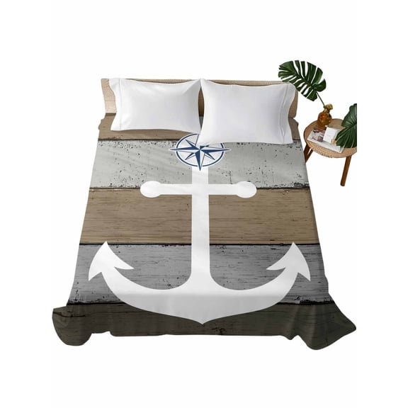 Queen Size Flat Sheet Only, Anchor Brown Soft Brushed Microfiber Bed Sheets, Nautical Grey Rustic Farmhouse Wood Grain Hotel Quality Breathable Bedding Top Sheet, Easy Care, 90"x102"