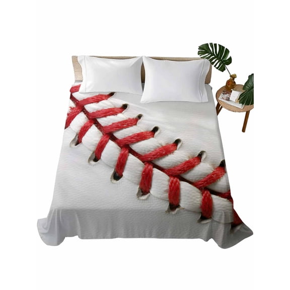 Queen Size Flat Sheet Only, Baseball Soft Brushed Microfiber Bed Sheets, Red White Texture Sports Ball Minimalist Hotel Quality Breathable Bedding Top Sheet, Easy Care, 90"x102"
