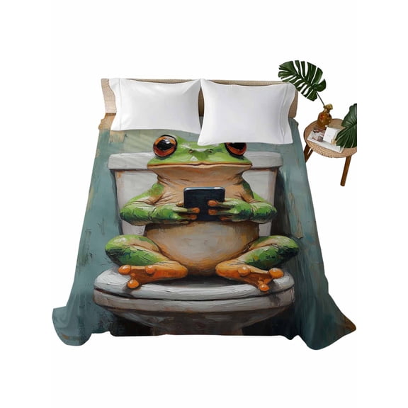 Queen Size Flat Sheet Only, Bathroom Frog Soft Brushed Microfiber Bed Sheets, Toilet Animals Vintage Hotel Quality Breathable Bedding Top Sheet, Easy Care, 90"x102"