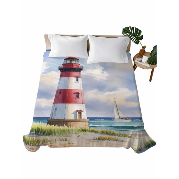 Queen Size Flat Sheet Only, Beach Lighthouse Soft Brushed Microfiber Bed Sheets, Coastal Ocean Ship Sky Oil Painting Hotel Quality Breathable Bedding Top Sheet, Easy Care, 90"x102"