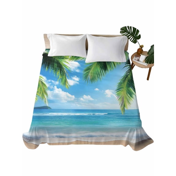 Queen Size Flat Sheet Only, Beach Ocean Waves Soft Brushed Microfiber Bed Sheets, Summer Tropical Palm Tree Leaves Hotel Quality Breathable Bedding Top Sheet, Easy Care, 90"x102"