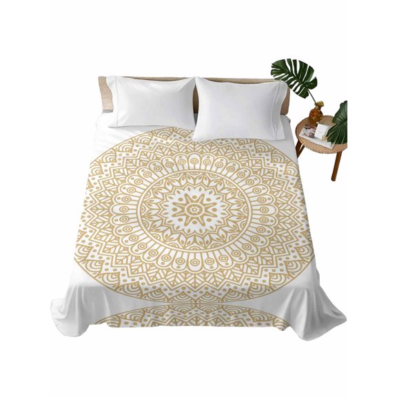 Queen Size Flat Sheet Only, Beige Boho Soft Brushed Microfiber Bed Sheets, Retro Farmhouse Ethnic Abstract Geometric Art Hotel Quality Breathable Bedding Top Sheet, Easy Care, 90"x102"