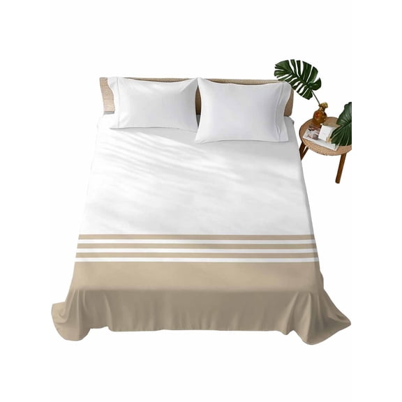 Queen Size Flat Sheet Only, Beige White Striped Soft Brushed Microfiber Bed Sheets, Modern Abstract Art Aesthetics Hotel Quality Breathable Bedding Top Sheet, Easy Care, 90"x102"