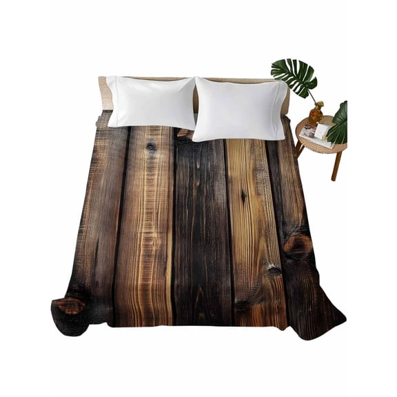 Queen Size Flat Sheet Only, Black Brown Board Soft Brushed Microfiber Bed Sheets, Vintage Chic Shabby Wooden Grain Hotel Quality Breathable Bedding Top Sheet, Easy Care, 90"x102"