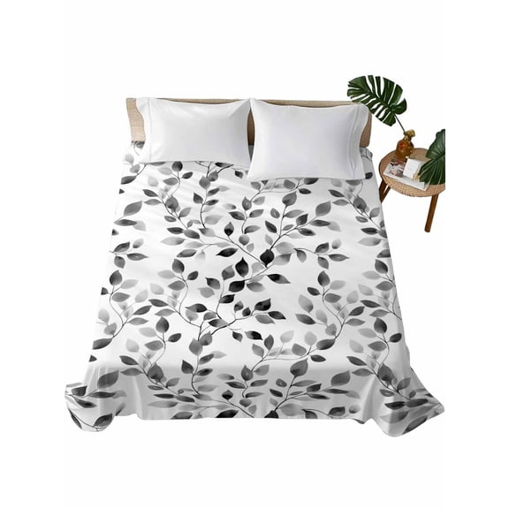Queen Size Flat Sheet Only, Black Eucalyptus Leaves Soft Brushed Microfiber Bed Sheets, Summer Botanical Watercolor Retro Hotel Quality Breathable Bedding Top Sheet, Easy Care, 90"x102"