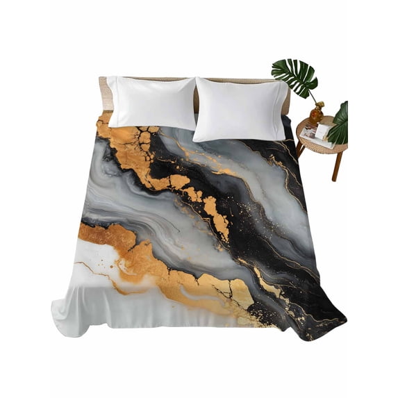 Queen Size Flat Sheet Only, Black Golden Soft Brushed Microfiber Bed Sheets, Marble Aesthetics Modern Ink Painted Hotel Quality Breathable Bedding Top Sheet, Easy Care, 90"x102"