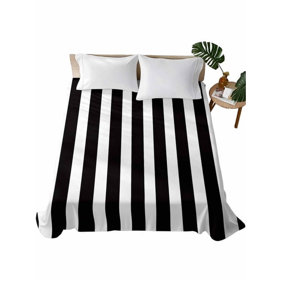 Queen Size Flat Sheet Only, Black Striped Soft Brushed Microfiber Bed Sheets, Modern Farmhouse Black White Stripes Hotel Quality Breathable Bedding Top Sheet, Easy Care, 90"x102"