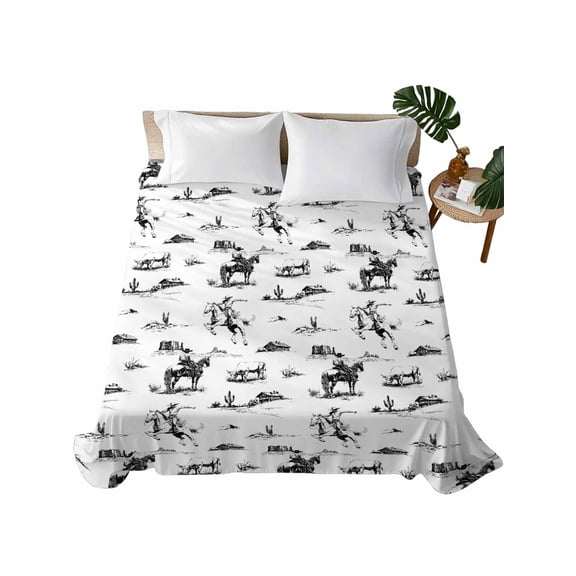 Queen Size Flat Sheet Only, Black Western Cowboy Soft Brushed Microfiber Bed Sheets, Vintage Horse Cactus Ethnic Art Hotel Quality Breathable Bedding Top Sheet, Easy Care, 90"x102"