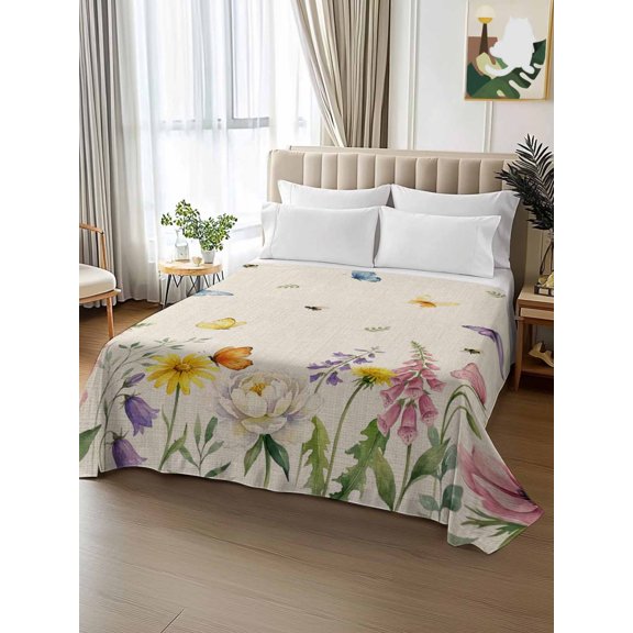King Size Flat Sheet Only,Blossom Flower Butterfly Bee Soft Top Bed Sheets Breathable Bedding Sheet Rustic Pastoral Retro Linen Style Microfiber Hotel Luxury Top Sheets