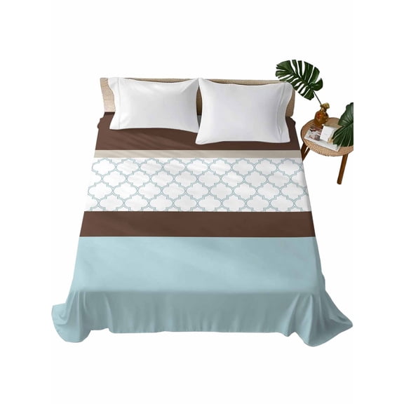 King Size Flat Sheet Only, Blue Brown Morocco Soft Brushed Microfiber Bed Sheets, Geometric Stripes Aqua Stitching Hotel Quality Breathable Bedding Top Sheet, Easy Care, 90"x102"