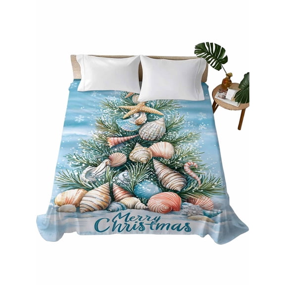 Queen Size Flat Sheet Only, Blue Coastal Christmas Soft Brushed Microfiber Bed Sheets, Nautical Summer Beach Shell Conch Hotel Quality Breathable Bedding Top Sheet, Easy Care, 90"x102"