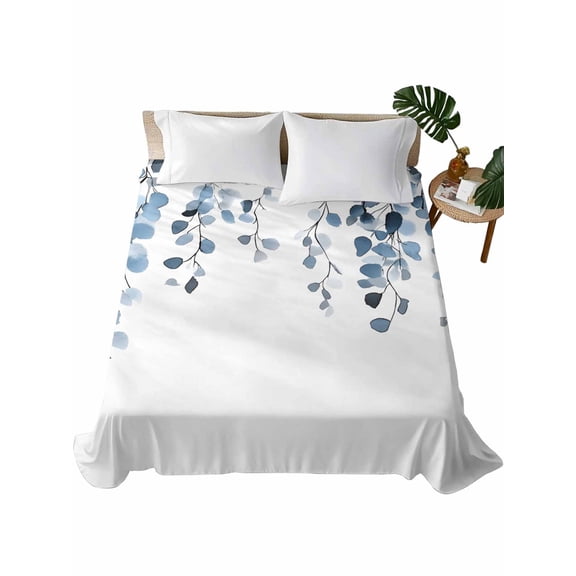 Queen Size Flat Sheet Only, Blue Eucalyptus Leaves Soft Brushed Microfiber Bed Sheets, Summer Farmhouse Botanical Hotel Quality Breathable Bedding Top Sheet, Easy Care, 90"x102"