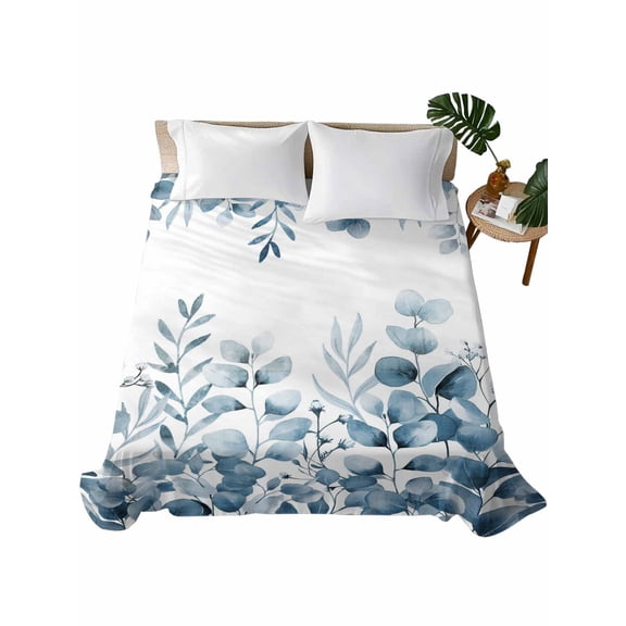 Queen Size Flat Sheet Only, Blue Eucalyptus Leaves Soft Brushed Microfiber Bed Sheets, Watercolor Spring Summer Botanical Hotel Quality Breathable Bedding Top Sheet, Easy Care, 90"x102"