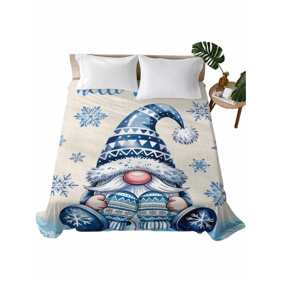 Queen Size Flat Sheet Only, Blue Gnomes Christmas Soft Brushed Microfiber Bed Sheets, Xmas Snowflake Hello Winter Hotel Quality Breathable Bedding Top Sheet, Easy Care, 90"x102"