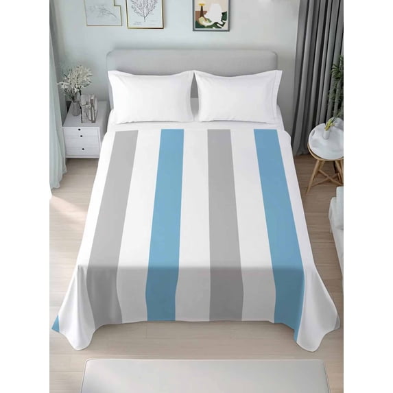 Queen Size Flat Sheet Only, Blue Grey Stripe Soft Brushed Microfiber Bed Sheets, Modern Farmhouse Vertical Striped Hotel Quality Breathable Bedding Top Sheet, Easy Care, 90"x102"