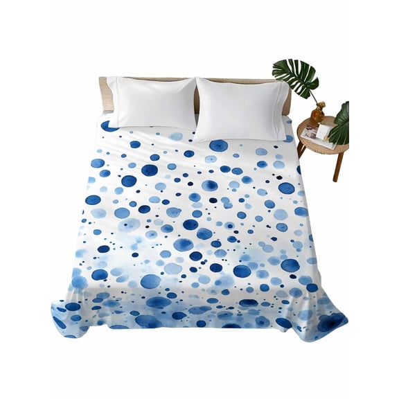 Queen Size Flat Sheet Only, Blue Polka Dot Soft Brushed Microfiber Bed Sheets, Modern Art Abstract Watercolor Dot Hotel Quality Breathable Bedding Top Sheet, Easy Care, 90"x102"