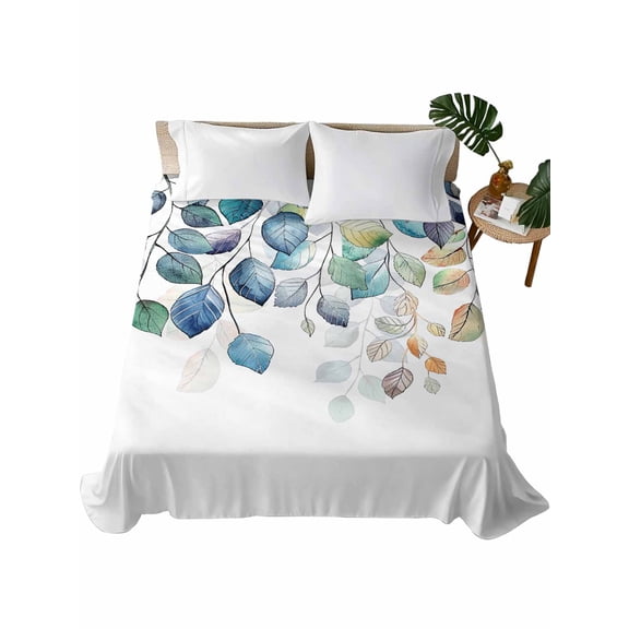 King Size Flat Sheet Only, Blue Teal Botanical Soft Brushed Microfiber Bed Sheets, Weeping Fall Eucalyptus Leaves Hotel Quality Breathable Bedding Top Sheet, Easy Care, 90"x102"