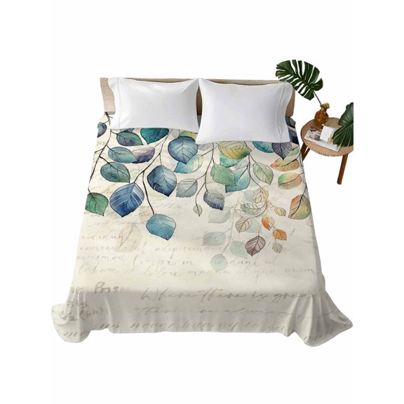 King Size Flat Sheet Only, Blue Teal Botanical Soft Brushed Microfiber Bed Sheets, Weeping Fall Eucalyptus Leaves Rustic Hotel Quality Breathable Bedding Top Sheet, Easy Care, 90"x102"