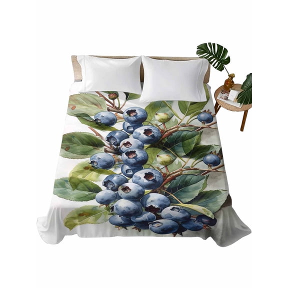 Queen Size Flat Sheet Only, Blueberries Soft Brushed Microfiber Bed Sheets, Farmhouse Blue Fruits Green Botanical Hotel Quality Breathable Bedding Top Sheet, Easy Care, 90"x102"