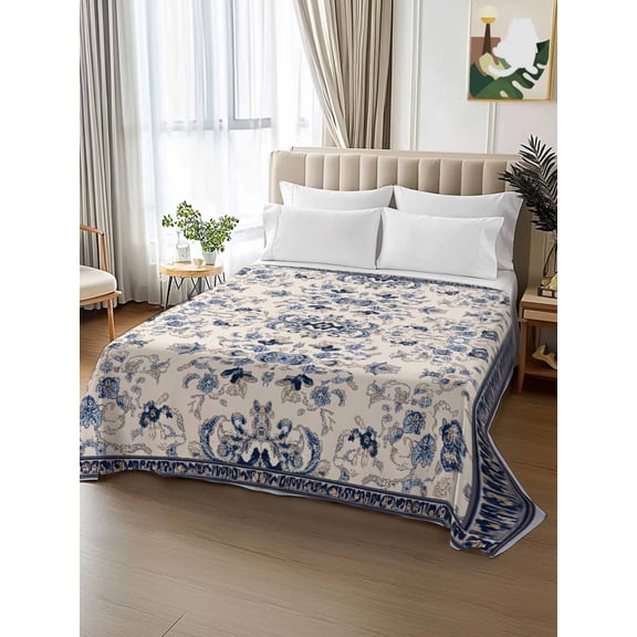 King Size Flat Sheet Only,Bohemia Blue Flower Pattern on Beige Soft Top Bed Sheets Breathable Bedding Sheet Retro Abstract Art Microfiber Hotel Luxury Top Sheets