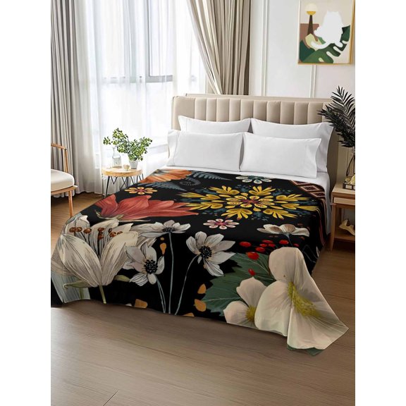 King Size Flat Sheet Only,Bohemian Style Flowers Soft Breathable Top Bedding Sheets Red Yellow Floral Art Microfiber Hotel Flat Sheets