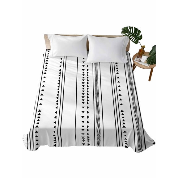 Queen Size Flat Sheet Only, Boho Black Stripes Soft Brushed Microfiber Bed Sheets, Triangle Arrow Geometric Abstract Art Hotel Quality Breathable Bedding Top Sheet, Easy Care, 90"x102"