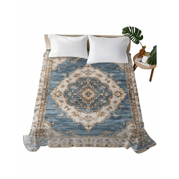 King Size Flat Sheet Only, Boho Blue Soft Brushed Microfiber Bed Sheets, Retro Tribal Traditional Distressed Printed Hotel Quality Breathable Bedding Top Sheet, Easy Care, 90"x102"