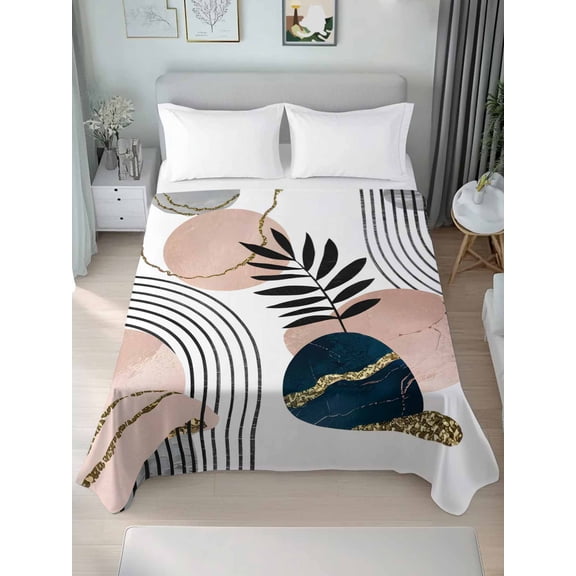 Queen Size Flat Sheet Only, Boho Geometric Soft Brushed Microfiber Bed Sheets, Modern Abstract Art Tropical Striped Hotel Quality Breathable Bedding Top Sheet, Easy Care, 90"x102"