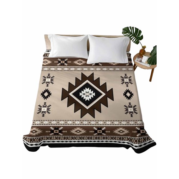 Queen Size Flat Sheet Only, Brown Aztec Soft Brushed Microfiber Bed Sheets, Boho Southwest Ethnic Neutral Motifs Hotel Quality Breathable Bedding Top Sheet, Easy Care, 90"x102"