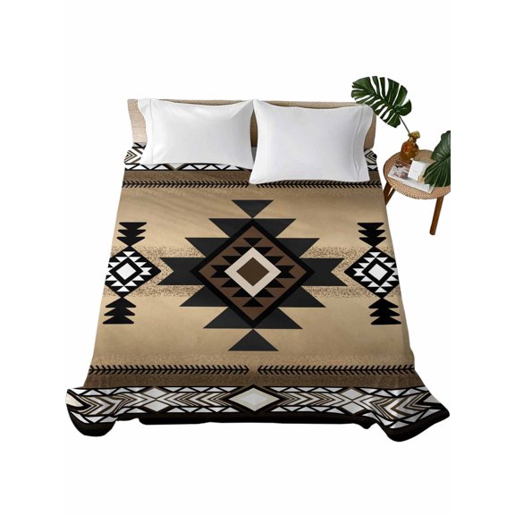 King Size Flat Sheet Only, Brown Southwest Soft Brushed Microfiber Bed Sheets, Farmhouse Boho Aztec Geometric Neutral Hotel Quality Breathable Bedding Top Sheet, Easy Care, 90"x102"