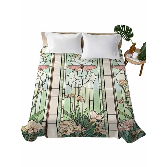 Queen Size Flat Sheet Only, Butterfly Flowers Soft Brushed Microfiber Bed Sheets, Vintage Stained Glass Green Spring Hotel Quality Breathable Bedding Top Sheet, Easy Care, 90"x102"
