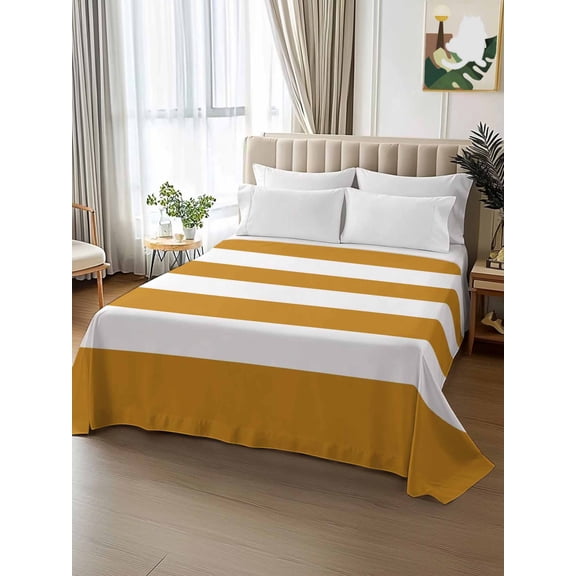 King Size Flat Sheet Only,Caramel Brown and White Striped Soft Top Bed Sheets Breathable Bedding Sheet Horizontal Wide Stripe Microfiber Hotel Luxury Top Sheets
