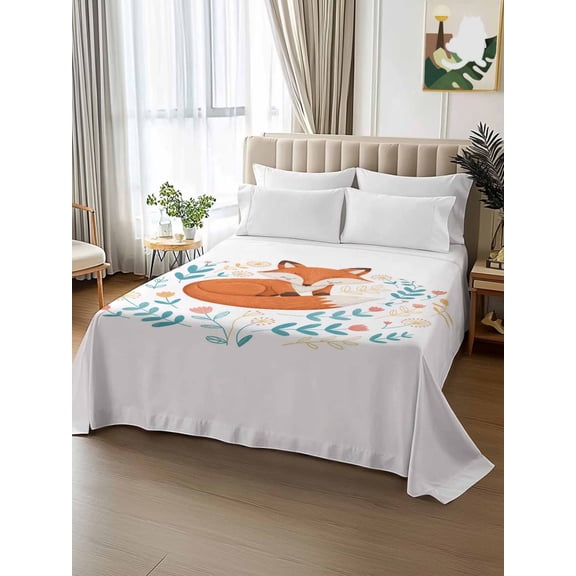 King Size Flat Sheet Only,Cartoons Foxes Soft Breathable Top Bedding Sheets Farm Flowers Plants Microfiber Hotel Flat Sheets