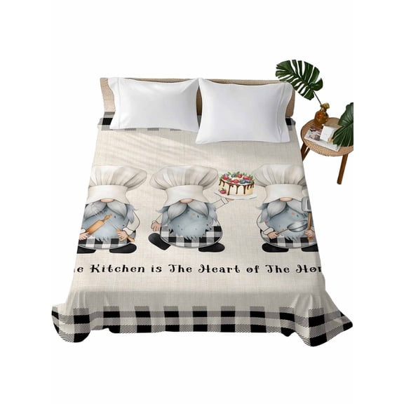 King Size Flat Sheet Only, Chef Gnomes Soft Brushed Microfiber Bed Sheets, Black Grey Plaid Cake Cook Dessert Burlap Hotel Quality Breathable Bedding Top Sheet, Easy Care, 90"x102"