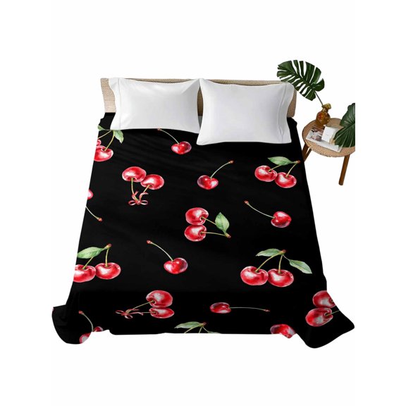 Queen Size Flat Sheet Only, Cherry Rustic Soft Brushed Microfiber Bed Sheets, Spring Summer Tropic Fruit Black Hotel Quality Breathable Bedding Top Sheet, Easy Care, 90"x102"