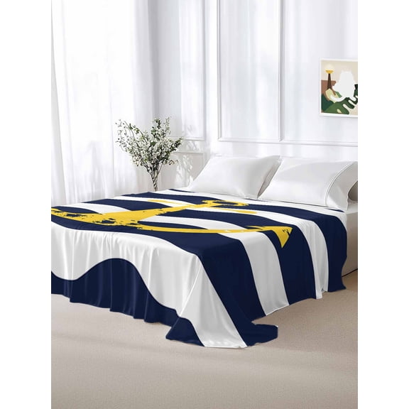 King Size Flat Sheet Only,Chic Nautical Anchor on Navy Blue White Sripes Soft Top Bed Sheets Breathable Bedding Sheet Chevron Zig Zag Microfiber Hotel Luxury Top Sheets