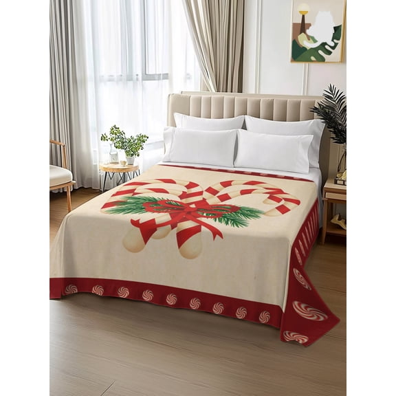 King Size Flat Sheet Only,Christmas Candies Pine Branch Soft Breathable Top Bedding Sheets Cane Red Beige Microfiber Hotel Luxury Flat Sheets