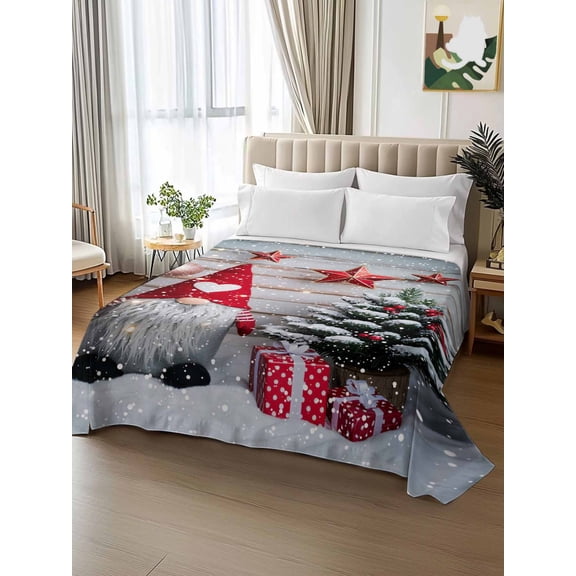 King Size Flat Sheet Only,Christmas Pine Tree Santa Gnome Soft Breathable Top Bedding Sheets Green Grey Red Microfiber Hotel Luxury Flat Sheets
