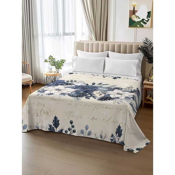 King Size Flat Sheet Only,Christmas Poinsettia Flower Leaf Soft Breathable Flat Sheets Hotel Top Bedding Sheets Pinecone Berry Letter Back