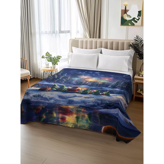 King Size Flat Sheet Only,Christmas Santa Claus Elves Watching Fireworks Soft Breathable Top Bedding Sheets Winter Snowflakes Microfiber Hotel Luxury Flat Sheets