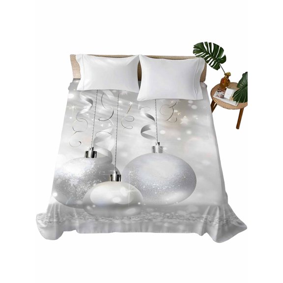 Queen Size Flat Sheet Only, Christmas Soft Brushed Microfiber Bed Sheets, Xmas Silver Balls Glitter Sparkle Stars Hotel Quality Breathable Bedding Top Sheet, Easy Care, 90"x102"
