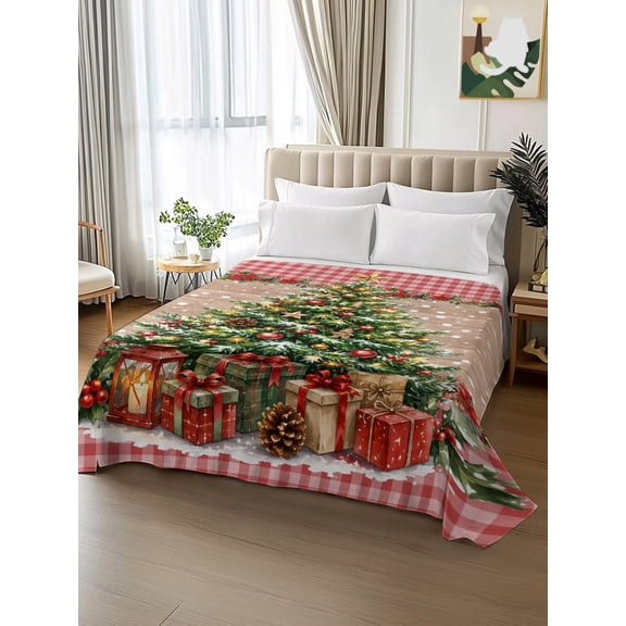 King Size Flat Sheet Only,Christmas Tree Bell Pine Cone Poinsettia Flower Soft Breathable Flat Sheets Hotel Top Bedding Sheets Red Plaid