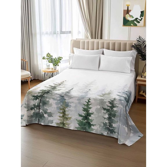 King Size Flat Sheet Only,Christmas Watercolor Pine Trees Soft Breathable Top Bedding Sheets Rustic Foggy Forest Microfiber Hotel Luxury Flat Sheets