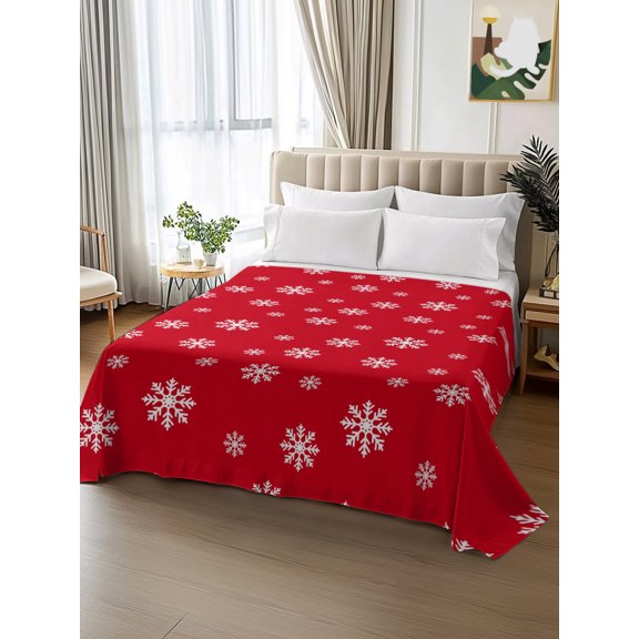 King Size Flat Sheet Only,Christmas White Snowflakes Soft Breathable Flat Sheets Hotel Top Bed Sheets Festive Red Background